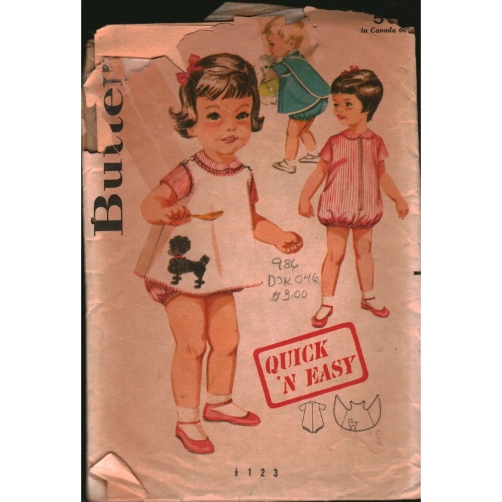 Vintage Butterick 2655 Toddlers Rompers Smock Sewing Pattern Poodle Applique 1/2